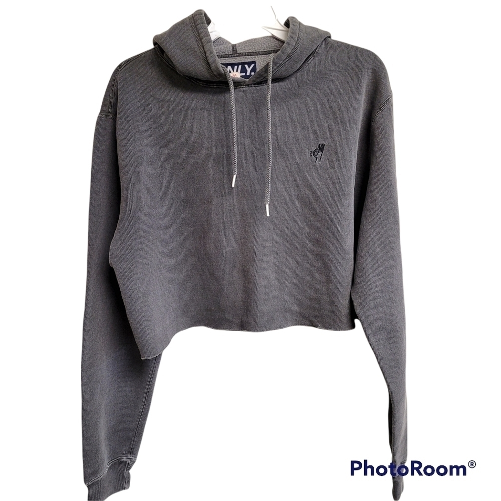 ONLY Grey Cropped‎ Sweatshirt Pullover Drawstring Hoodie